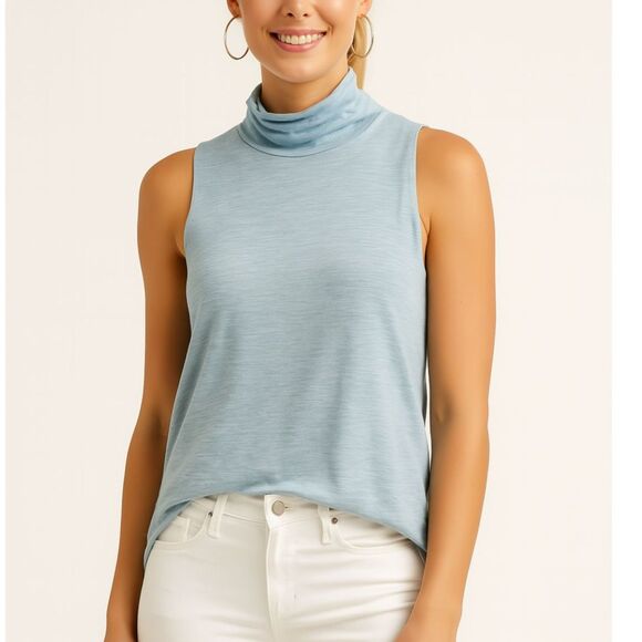 NWT Chaser Gauze Jersey Mock Neck Muscle Tank w/ Raw Edge Hem Light Blue Small - Picture 12 of 13